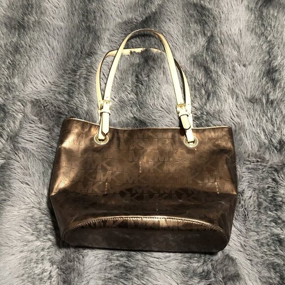 Michael Kors Handbags - Michael Kors Brown Logo Tote Bag with Logo Charm, Beige Leather Double Handles